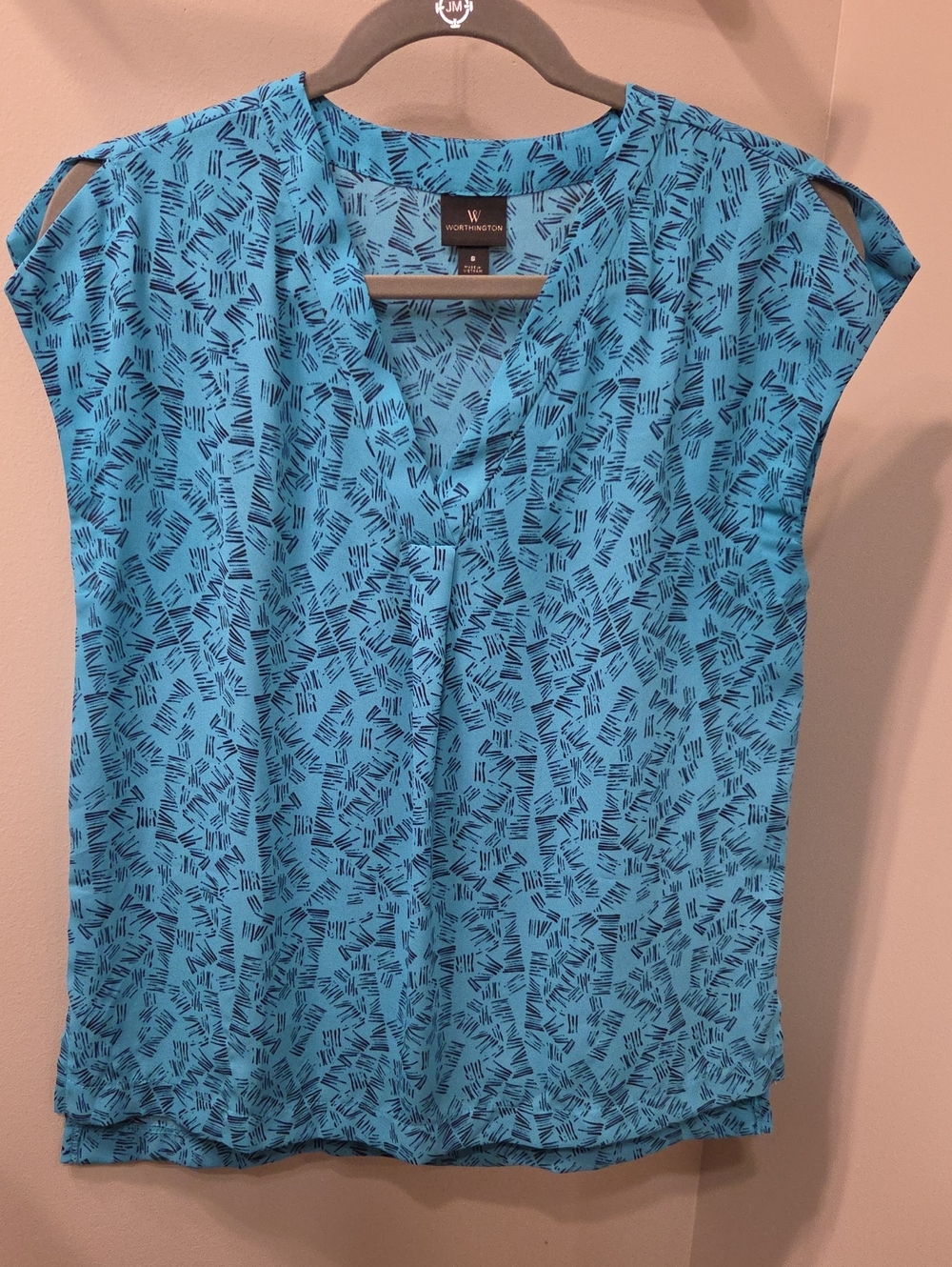 Worthington Turquoise & Navy Abstract Cap-Sleeve Blouse